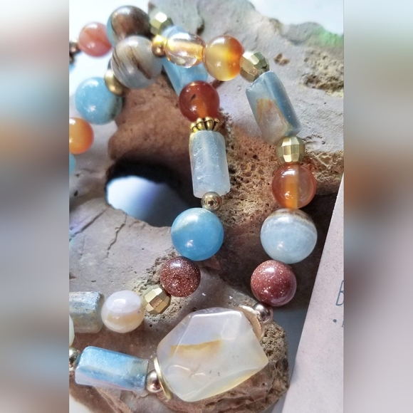 Ocean Sunset Inspired Blues & Luminous Orange Double Bracelet & Earrings Set - Picture 4 of 6